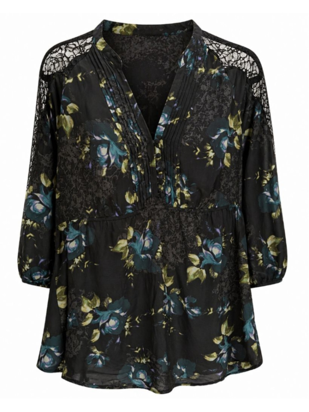 ELLE Floral Lace Shoulder Blouse Sheer Boho Top Black Blue Size L